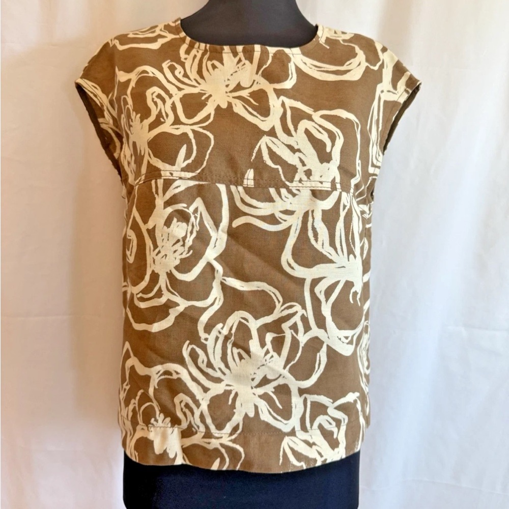 Annette Gortz Brown Cream Abstract Floral Linen Top - Size Extra Small